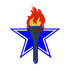 Burning torch icon, logo on a background of a large blue star.