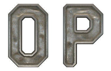 Set of capital letters O and P made of industrial metal isolated on white background. 3d