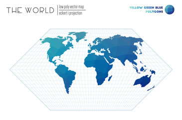 World map in polygonal style. Eckert I projection of the world. Yellow Green Blue colored polygons. Elegant vector illustration.