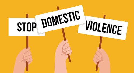 Hands holding a banner on a yellow background. Protest against domestic sexual violence. Protection of women. Victimism. Social problems .Vector illustration.