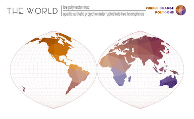 Polygonal world map. Quartic authalic projection interrupted into two hemispheres of the world. Purple Orange colored polygons. Energetic vector illustration.