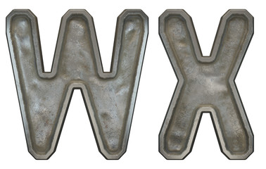 Set of capital letters W and X made of industrial metal isolated on white background. 3d