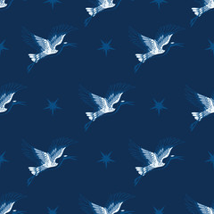 Fototapeta na wymiar Blue Cranes and Stars Sky Vector Seamless Pattern