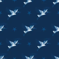Glasschilderij Vlinders Blauwe kranen en sterrenhemel Vector naadloos patroon