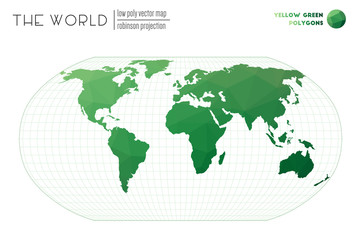 Triangular mesh of the world. Robinson projection of the world. Yellow Green colored polygons. Beautiful vector illustration.