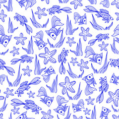 seamless stylized fish pattern ocean day outline isolate stroke line sketch vector doodle children background textile print nautical