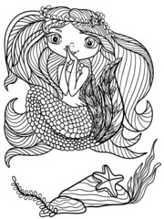 little mermaid girl coloring book for children anti stress ocean stylized cartoon isolated on white background sketch outline vector illustration poster print for t-shirt sea doodle