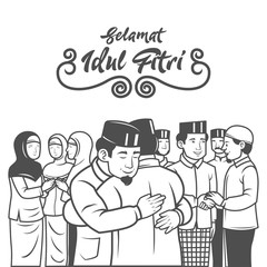Selamat hari raya aIdil Fitri is another language of happy eid mubarak in Indonesian.muslim people celebrating Eid al fitr with hug each other and apologize each other illustration.
