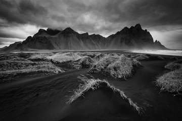 Vestrahorn mountain and black sand beach in stokksnes peninsula Iceland