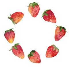 Watercolor round frame with ripe strawberry. Hand drawn illustration isolated on white background with copy space for your text. Red berry with circle border. Summer design.