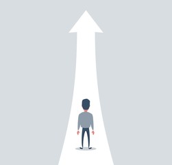 Fototapeta premium Business growth vector concept with man walking towards upwards arrow. Symbol of success, promotion, career development. vector illustration.