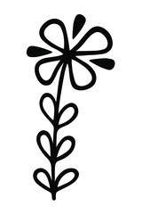 Single branch with flower and leaves in ink Isolated on white background. Hand drawn vector decorative element in doodle style for wedding invitation and decoration, postcard, flyer, banner or website