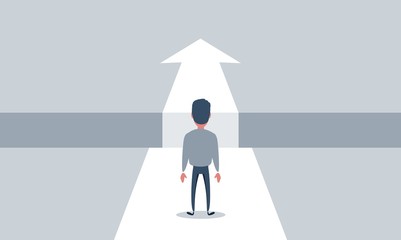 Business challenge and solution vector concept with businessman standing over big gap. Symbol of overcoming obstacles, strategy, analysis, creativity. vector illustration.