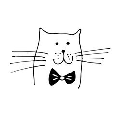 Cat face vector illustration, hand drawn sketch cat with bow isolated on white background