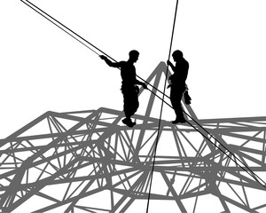High-altitude installers work at a construction site. Isolated silhouettes on a white background