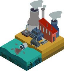 
vector illustration on the theme of water pollution. 3D ecology icons. Illustrations of harmful solutions factories, isometry.