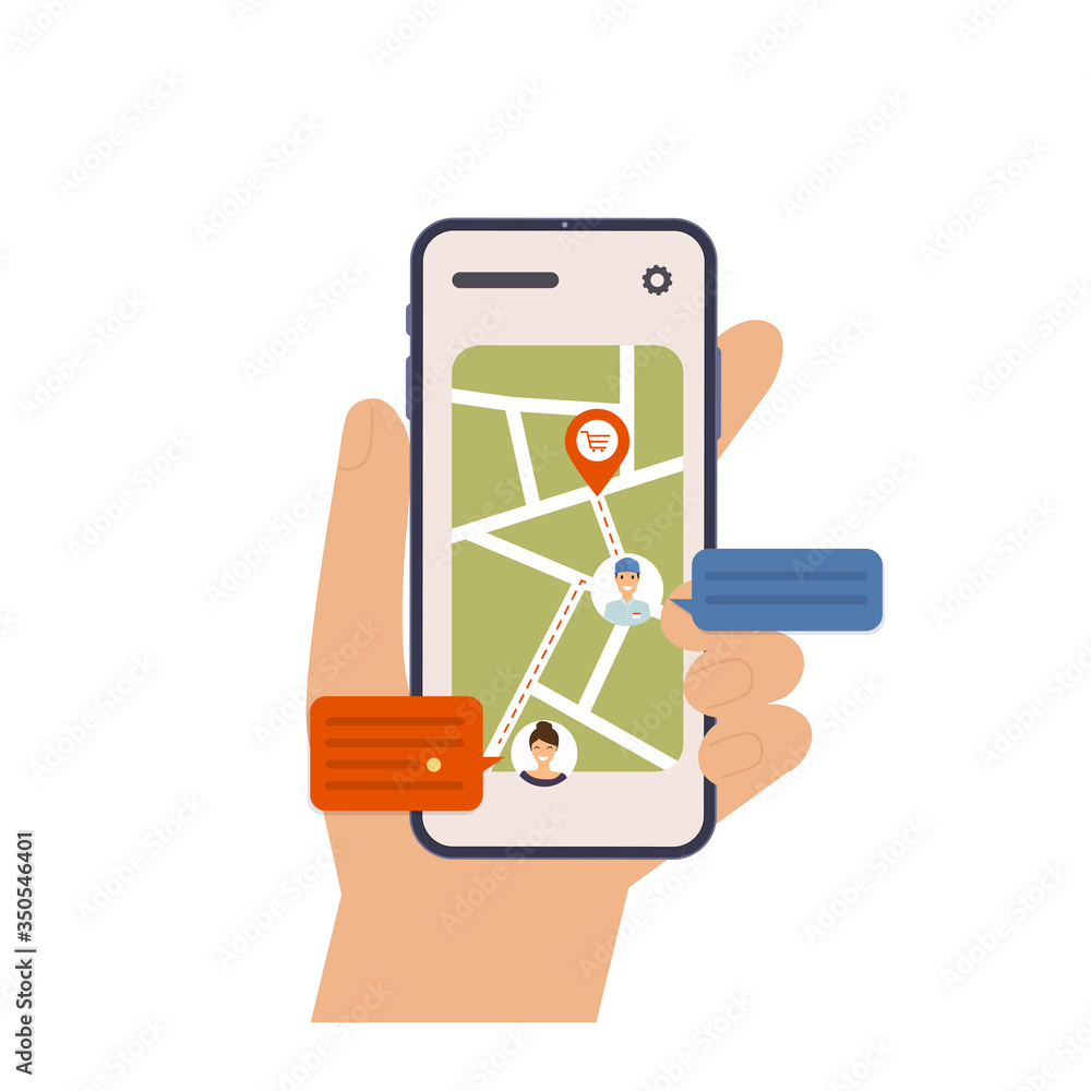 Aufkleber hand holding mobile smart phone with app delivery tracking. vector modern flat creative info graphic
