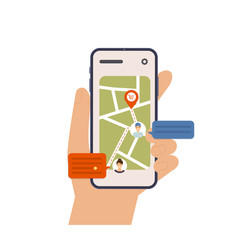 Hand holding mobile smart phone with app delivery tracking. Vector modern flat creative info graphics design on application.