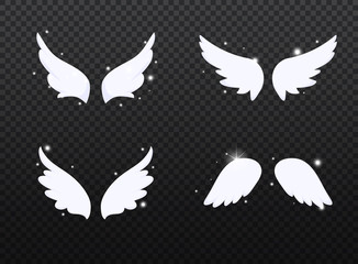 Set of hand drawn bird or angel wings with light effect. Different shape in open position.
