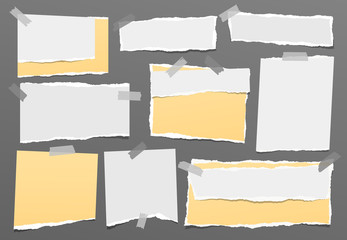 Torn of white and yellow note, notebook paper strips, pieces stuck on grey background. Vector illustration