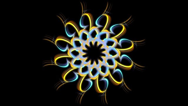 Abstract geometric kaleidoscope pattern with moving figure looking like flower isolated on black background. Stock Animation. Multicolored hypnotic mandala, motion graphics, seamless loop.