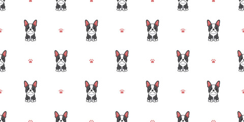 Vector cartoon character boston terrier dog seamless pattern background for design.