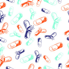 Doodle outline style seamless background pattern with pharmaceutical pills. Vector format.