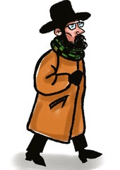 middle aged man in coat and hat walking isolated on white