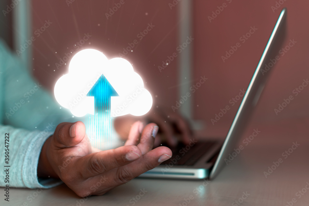 Poster a man who is working online through cloud computing.
