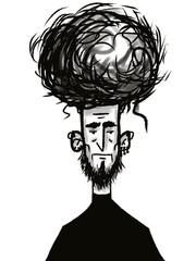 hand drawn cartoon character young funny man with curly hair isolated on white