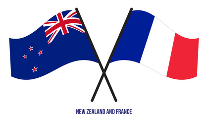 New Zealand and France Flags Crossed And Waving Flat Style. Official Proportion. Correct Colors