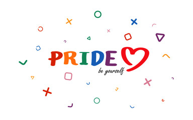LGBTQ Pride Month in June. Pride lettering with geomatic elements. Rainbow love concept. Vector illustration