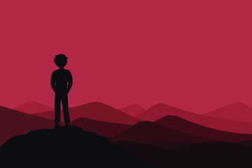 Man silhouette on the mountain top, Dark red, Flat vector design