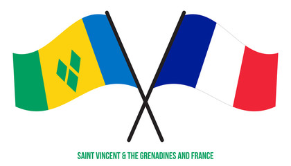 Saint Vincent & the Grenadines and France Flags Crossed And Waving Flat Style. Official Proportion