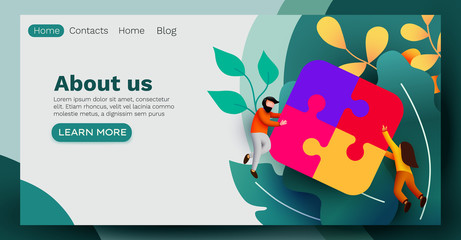 Landing page. Business concept. Team metaphor. people connecting puzzle elements. Vector illustration flat design style. Symbol of teamwork, cooperation, partnership.
