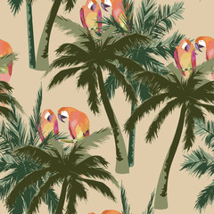 Tropical seamless pattern. Palm tree and parrot. Vector illustration. Summer background