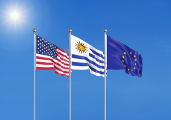 Three realistic flags of European Union, USA (United States of America) and Uruguay. 3d illustration.