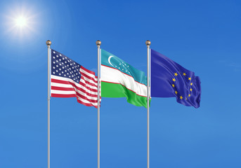 Three realistic flags of European Union, USA (United States of America) and Uzbekistan. 3d illustration.