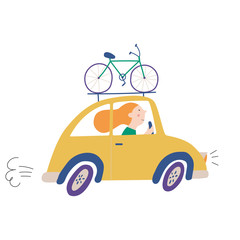 Cute girl driving a car. Travel by car with a bicycle  fastened on top. Trip out of town on a car trip with bicycle mounted on top, roof. Funny vector illustration isolated on a white background