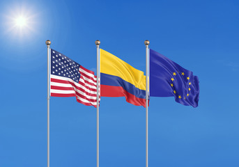 Three realistic flags of European Union, USA (United States of America) and Colombia. 3d illustration.