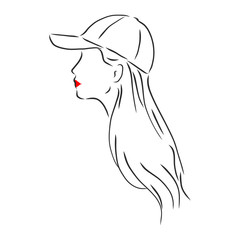 Isolated vector illustration. Pretty girl in a cap. Closeup female portrait. Hand drawn linear doodle sketch. Black silhouette on white background. beautiful girl in a cap, vector sketch illustration