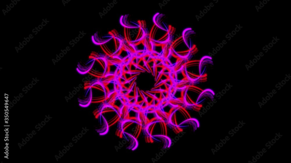 Poster abstract geometric kaleidoscope pattern with moving figure looking like flower isolated on black bac