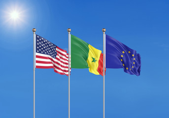 Three realistic flags of European Union, USA (United States of America) and Senegal. 3d illustration.