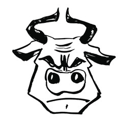 Ox, bull, cow on white background. Chinese happy new year 2021. Year of the white, metallic bull. Lunar New Year. Drawing bull, ox, cowhide ink