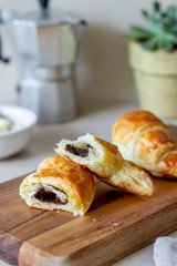 French croissants with chocolate filling. Baking. National cuisine. Breakfast. Vegetarian food.