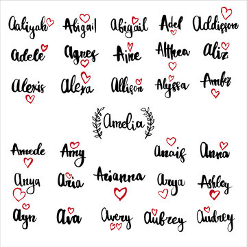 Female name drawn by brush. Handwritten vector girl names.