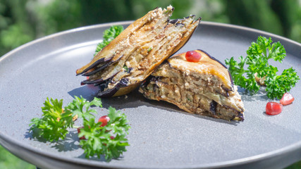 A popular dish in Georgian cuisine is fried eggplant with Bage sauce (walnuts and Georgian spices) and pomegranate seeds.