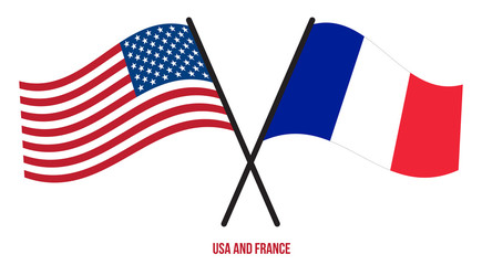 USA and France Flags Crossed And Waving Flat Style. Official Proportion. Correct Colors
