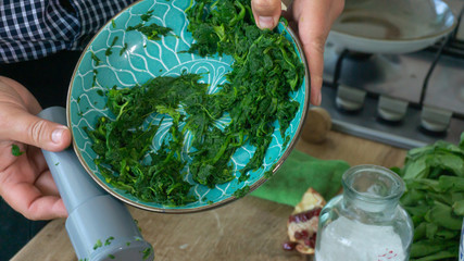 Phali is one of the popular dishes of Georgian cuisine. Spinach leaves, chopped walnuts, Georgian spices and pomegranate seeds.