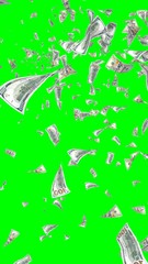 Flying dollars banknotes isolated on chromakey. Money is flying in the air. 100 US banknotes new sample. Vertical orientation. 3D illustration